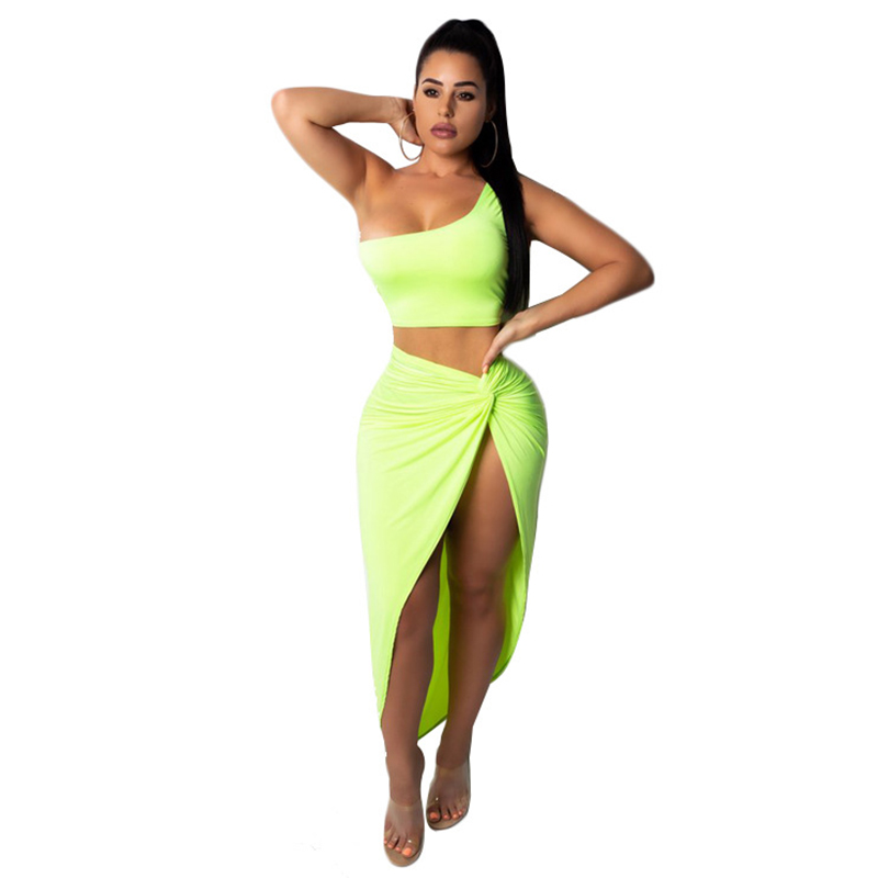 Asymmetric One-Shoulder Cropped Top Sexy Side-Slit Skirt Women Solid Color Two-Piece Set