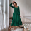 Women Ramadan /Eid Fashion Solid Color Square Collar Long Sleeve Ruffled High Waist Maxi Dress