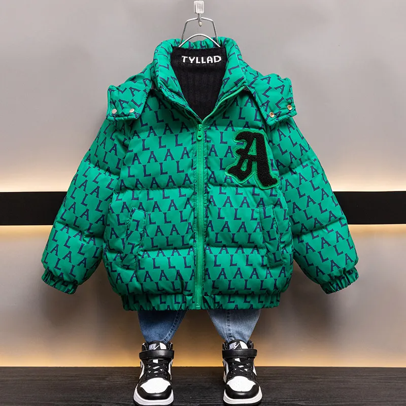 Kid Casual Letter Print Hooded Warm Jacket