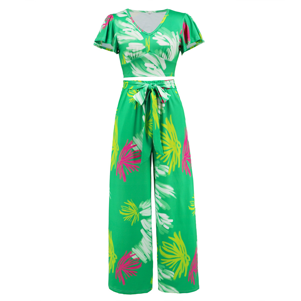 Women Summer Bohemian Print Short-Sleeved Crop Top And Straight Wide-Leg Pants Two-Piece Set