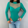 Women Fashion Solid Color Mesh Patchwork Long-Sleeved Bodysuit