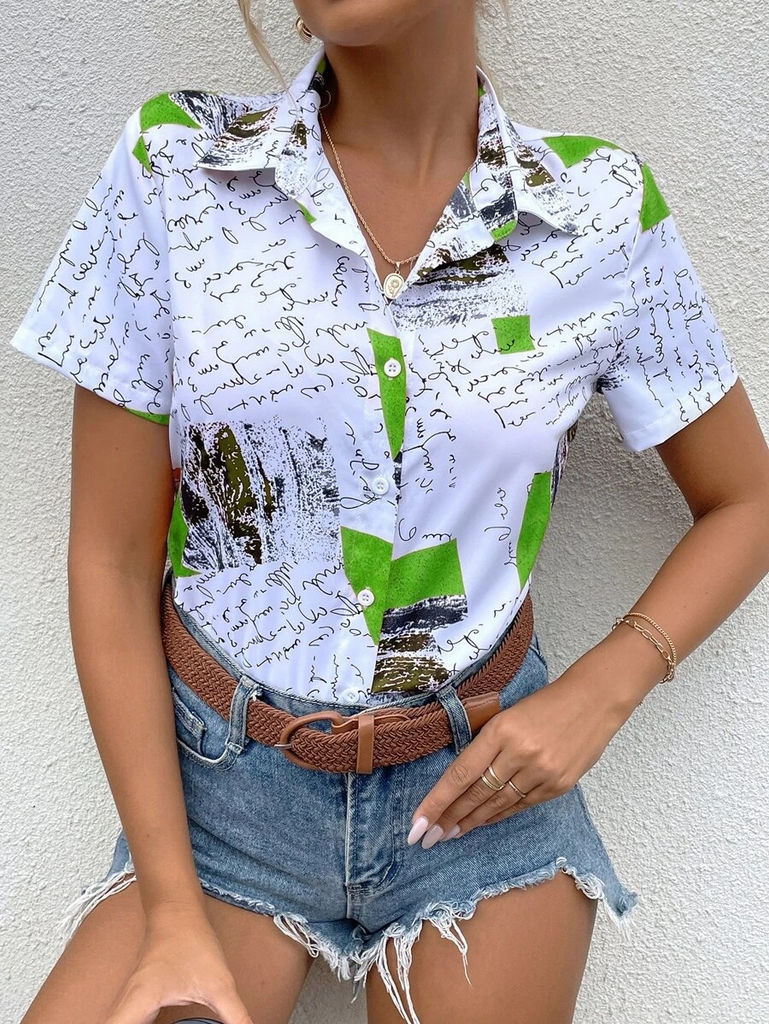 Women Summer Fashion Casual Short Sleeve Letter Print Buttoned Lapel Shirt Blouse