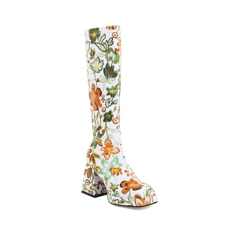 Women Fashion Floral Color Matching Chunky Heel Thick-Soled High Boots