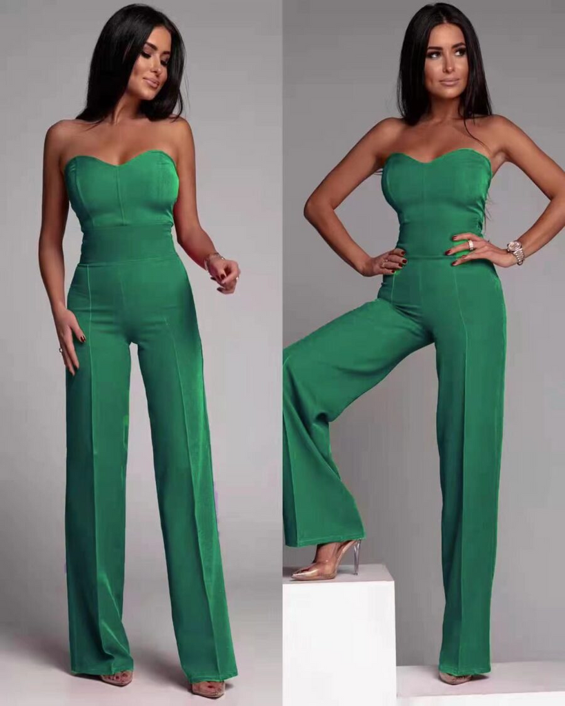 Women Solid Color Tube Top Casual High Waist Wide Leg Jumpsuit