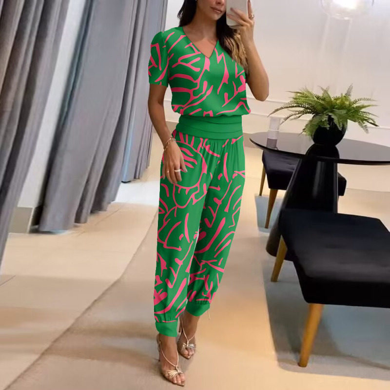 Women'S Fashion Casual V-Neck Printed Short-Sleeved Trousers Two-Piece Set