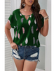 Fashion Casual Summer Vacation Plus Size Women V-Neck Feather Print Short-Sleeved Casual Blouse