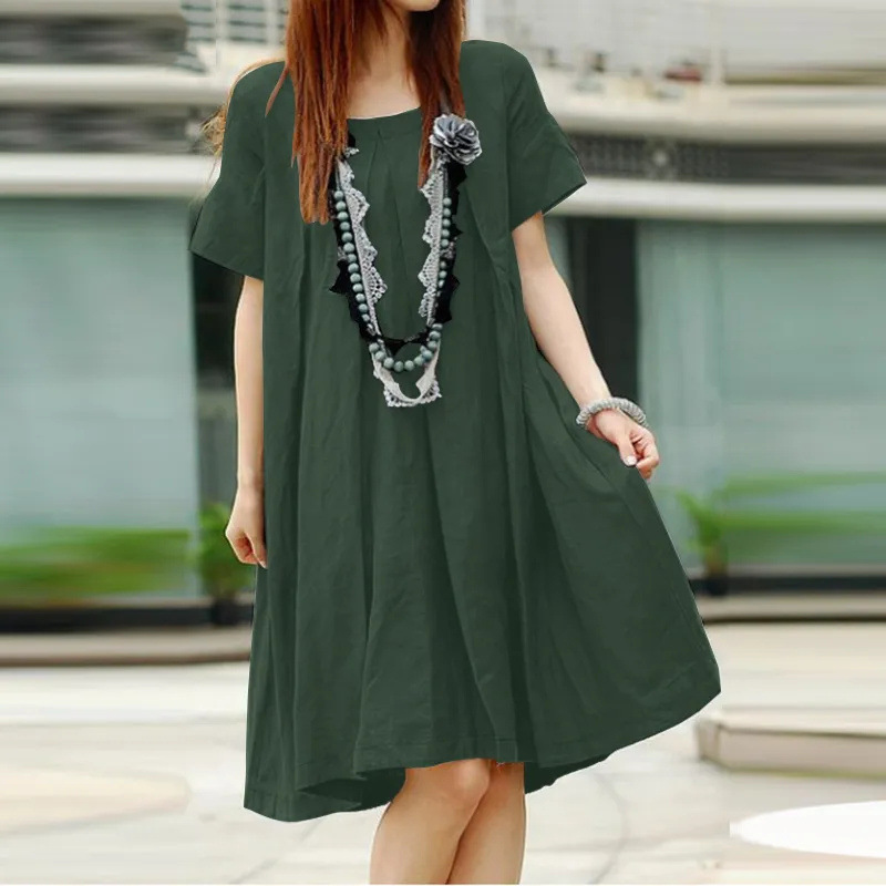 Women Fashion Casual Creased Short Sleeve Loose Dress