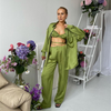 Women Fashion Solid Color Bra And Long-Sleeve Lapel Loose Top And Wide-Leg Pants Three-Piece Set