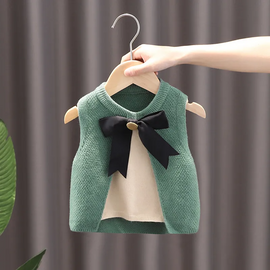 Kids Toddler Girls Autumn Winter Fashion Casual Simple Solid Color Bow Round Neck Sweater Waistcoat