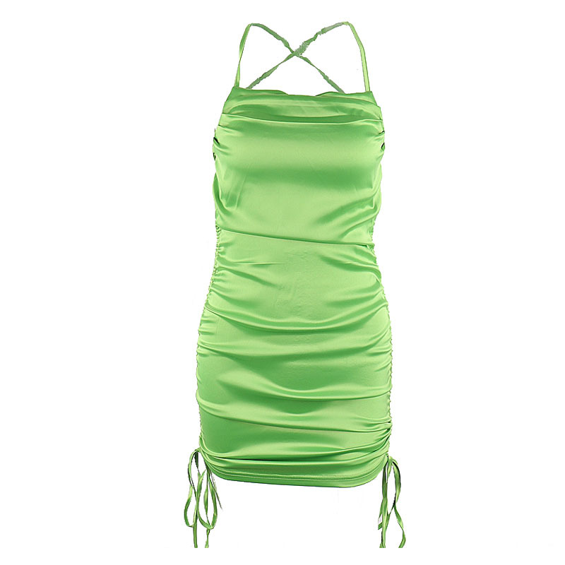 Women Fashion Sexy Solid Color Backless Drawstring Creased Slip Dress