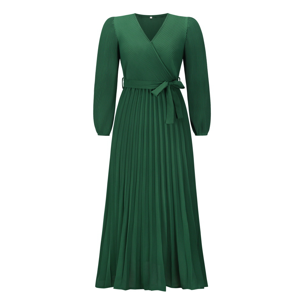 Women Fashion Casual Elegant Solid Color V-Neck Lace-Up Long-Sleeved Creased Mid-Length Dress