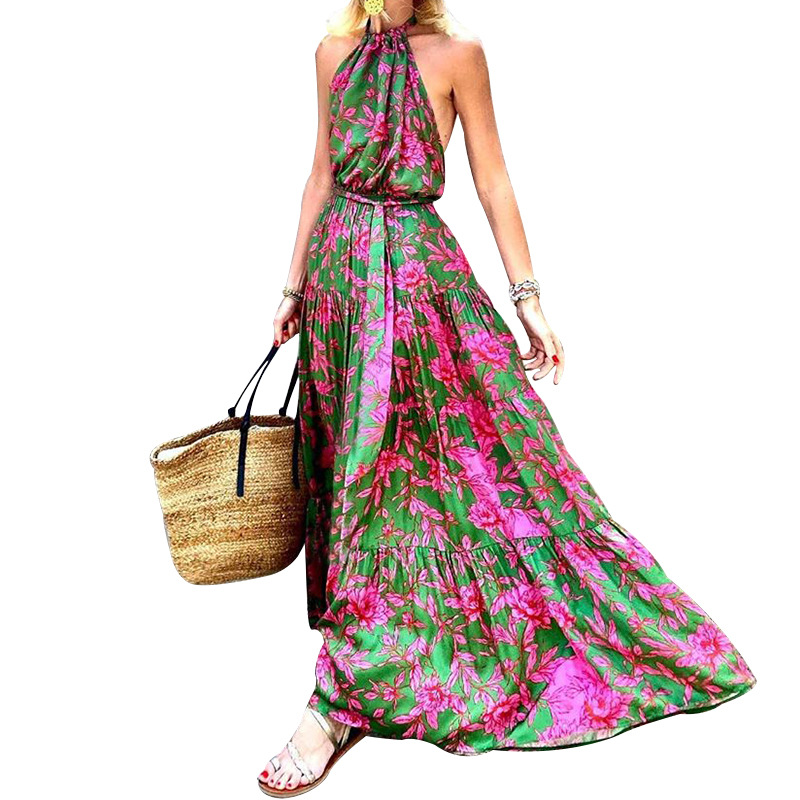 Women Sexy Boho Vacation Halter Neck Sleeveless Defined Waist Print Backless Dress