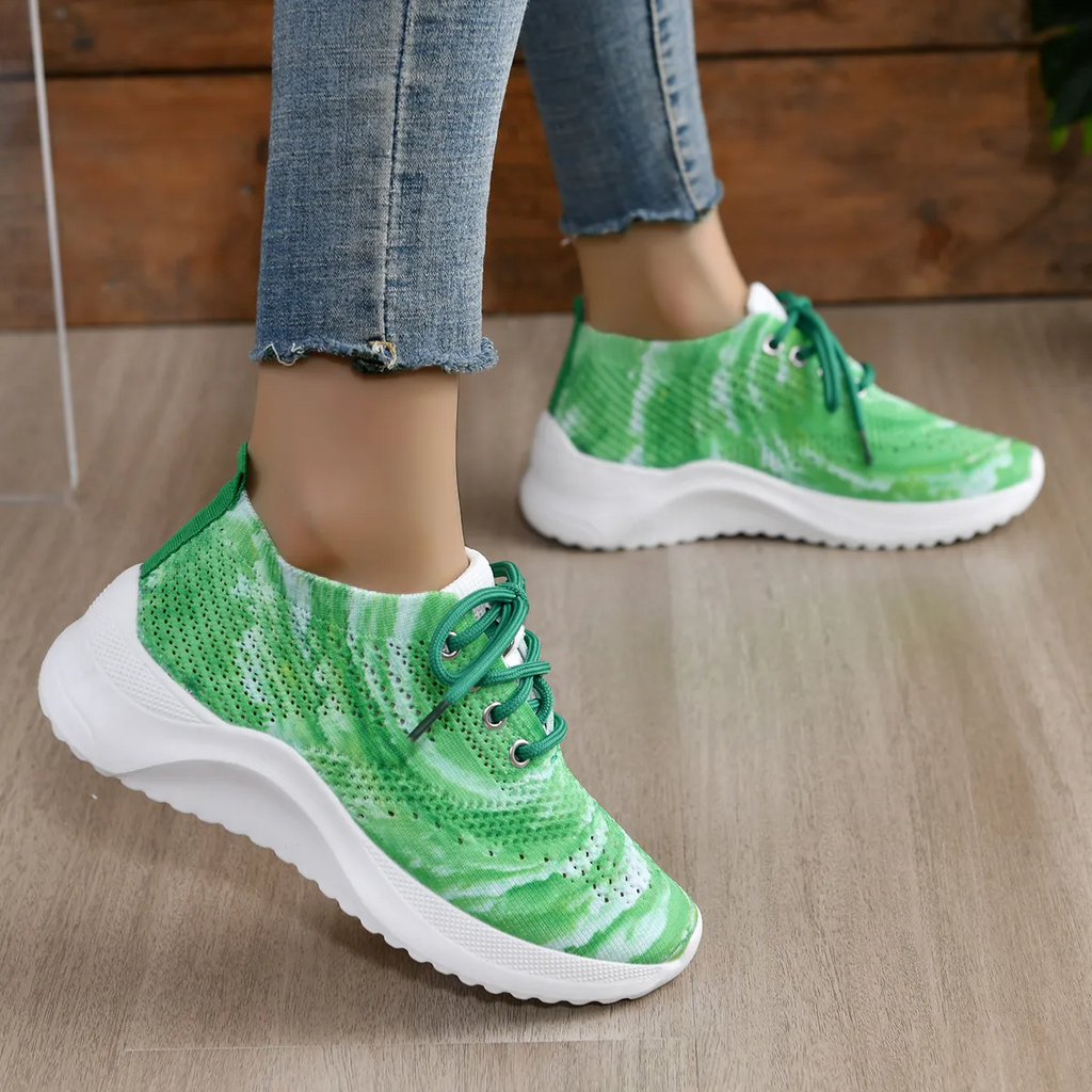 Women Fashion Casual Plus Size Color Block Fly-Woven Breathable Lace-Up Sneakers