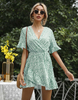 Women Fashion Casual Tiny Flower Printing V-Neck Flare Sleeve Ruffled Dress