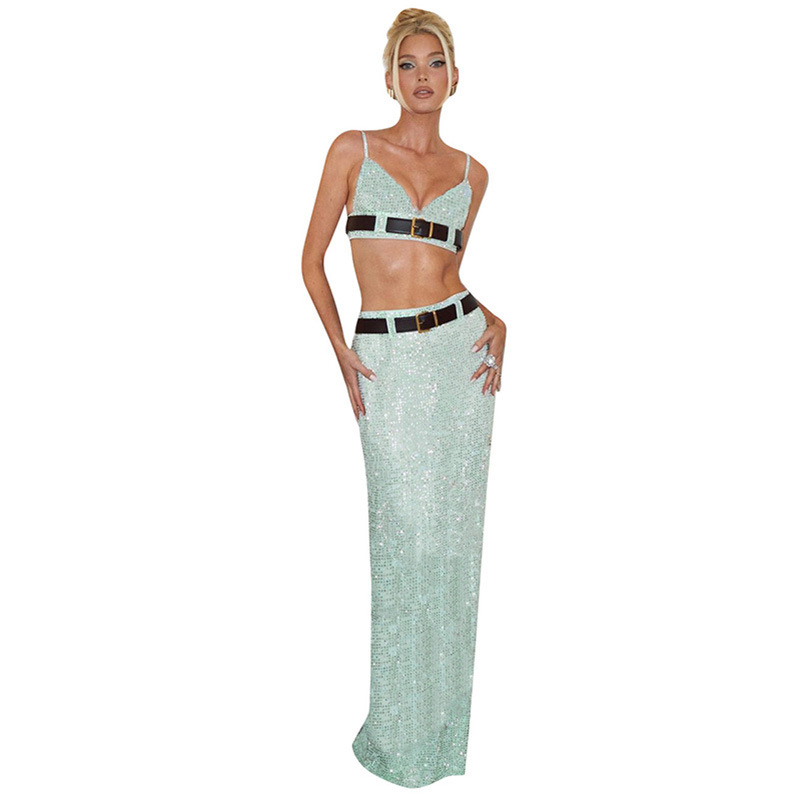 Women Fashion Sexy Belted Crop Camis And Maxi Skirt Glitter Set