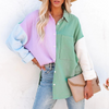 Women Fashion Summer Blocking Color Loose Long Sleeve Shirt Blouse