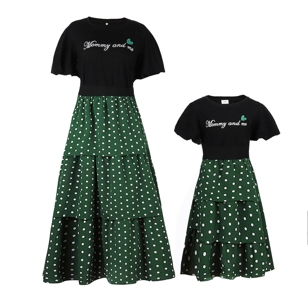 Fashion Family Matching Puff Sleeve Letter Polka Dot Printing Casual Mother-Daughter Dress