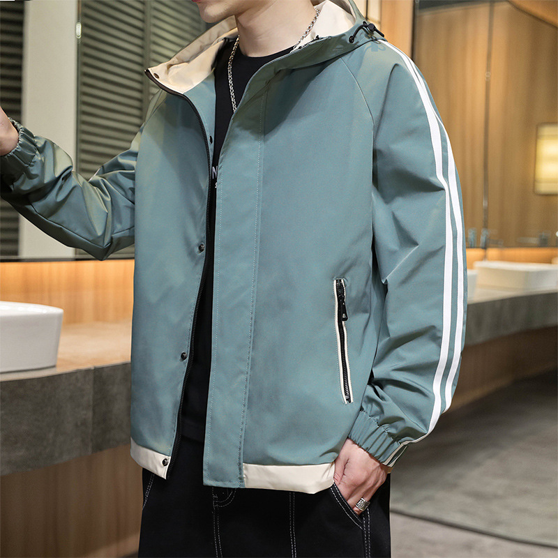 Men Casual Long Sleeve Pocket Design Stripe Printed Zipper Hooded Coat