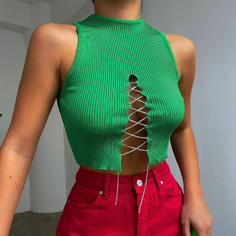 Fashion Women Edgy Solid Color Rhinestone Chain Lace Up Rib-Knitted Crop Top