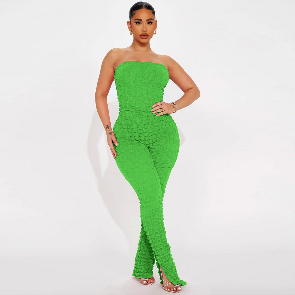 Women Fashion Slim Fit Solid Color Strapless Bubble Clothing Jumpsuit