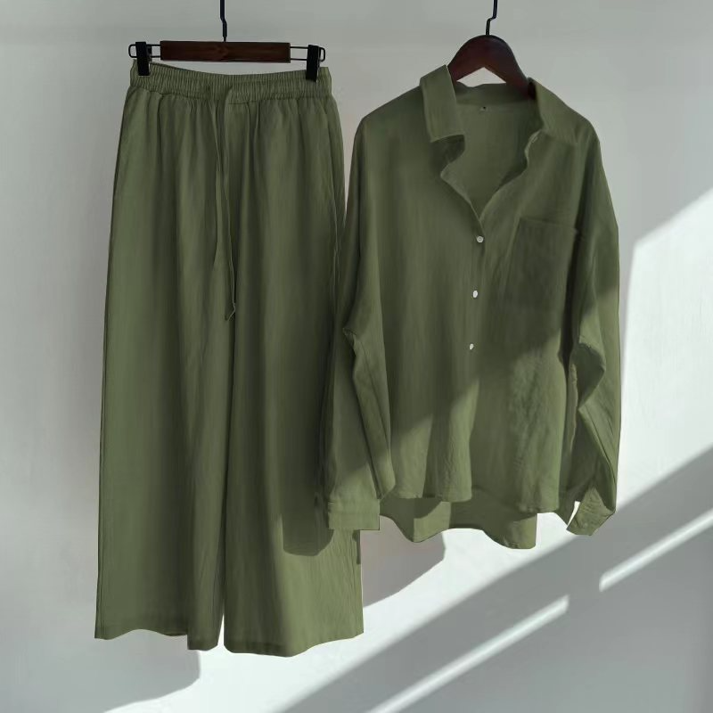 Women Casual Solid Color Linen Cotton Long Sleeve Blouse And Wide Leg Pants Set