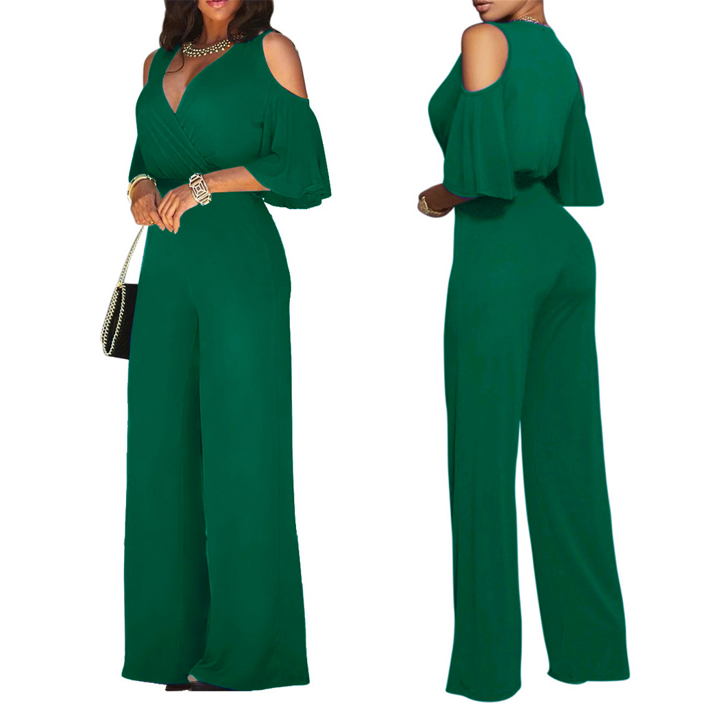 Women Solid Color Short-Sleeved Strapless Waist Fashion Wide-Leg Jumpsuit