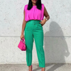 Women Fashion High Waist Casual Office Chic Solid Color Straight Pants