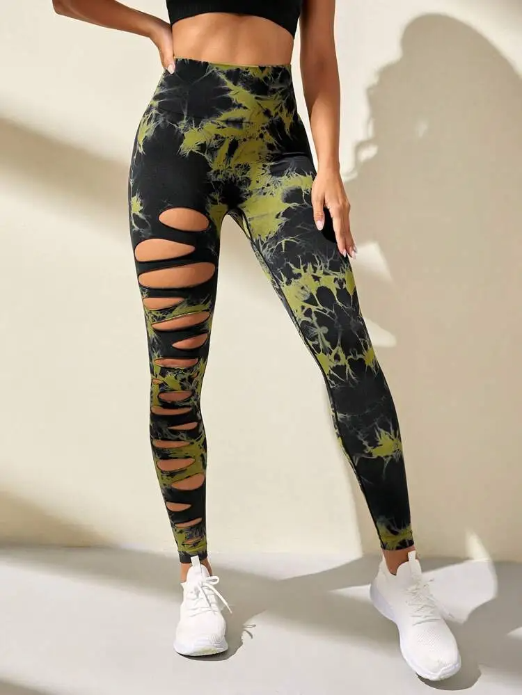 (Buy 1 Get 1) Fashion Women Sports Yoga High Waist Tie Dye Print Ripped Hollow Leggings Pants
