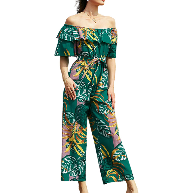 Women Fashion Vacation Leaf Printed Off-Shoulder Ruffles Holiday Defined Waist Fashion Casual Wide-Leg Jumpsuit