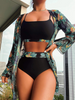 Women Summer Vacation Sexy Leaf Floral Printed Swimsuit Three-Piece Set