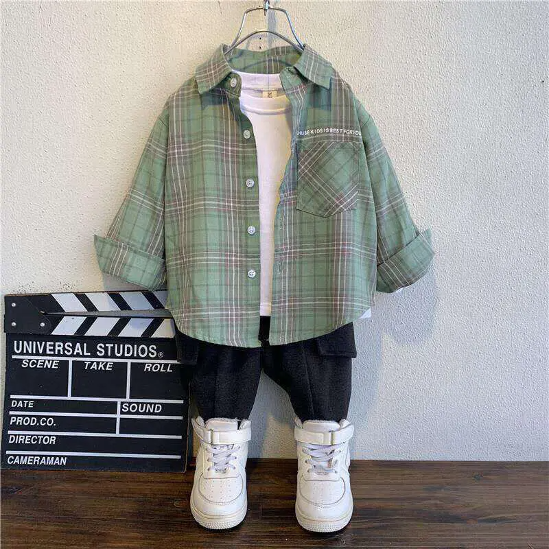 Boys Casual Single-Breasted Plaid Shirt