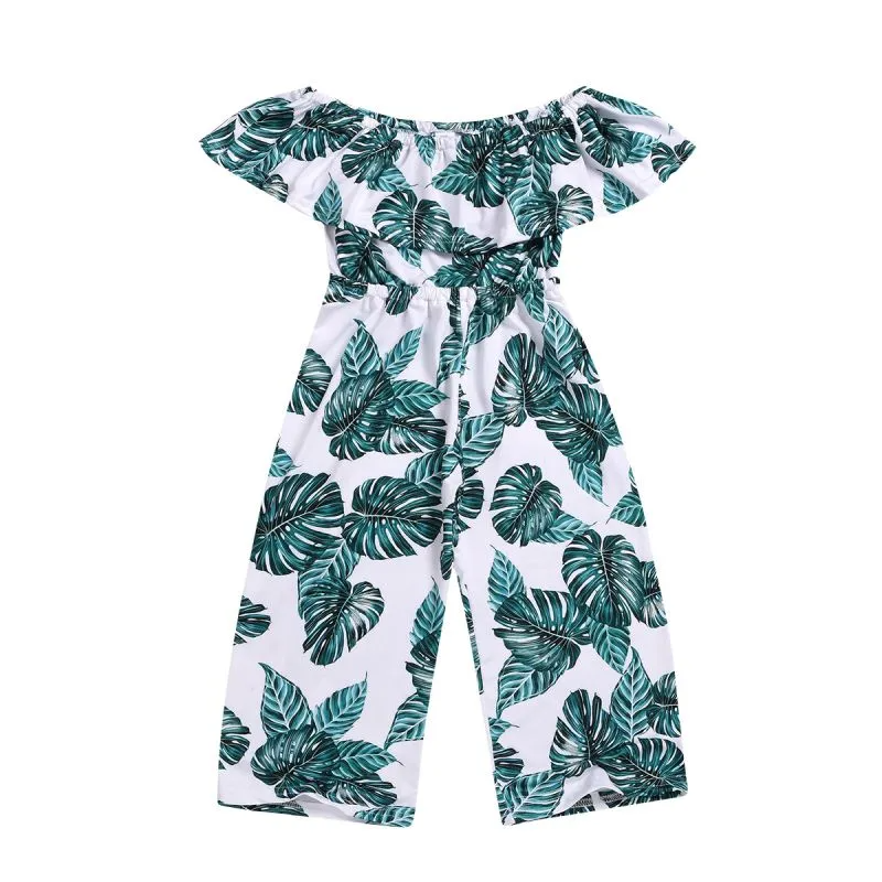 One Piece Girl Green Leaves Print Off-Shoulder Jumpsuit