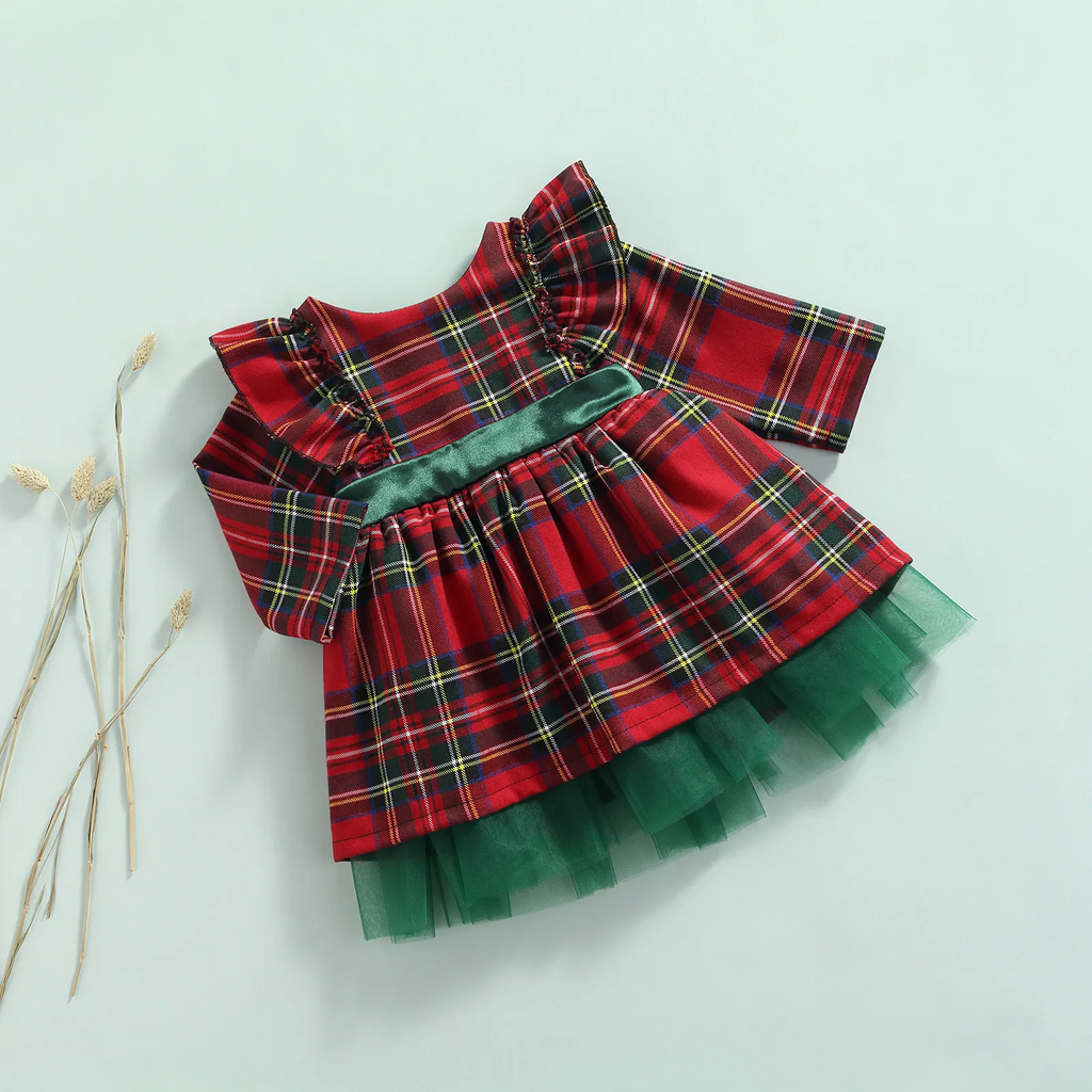 Kids Toddler Girls Fashion Casual Christmas Red Plaid Bow Round Neck Long Sleeve Dress