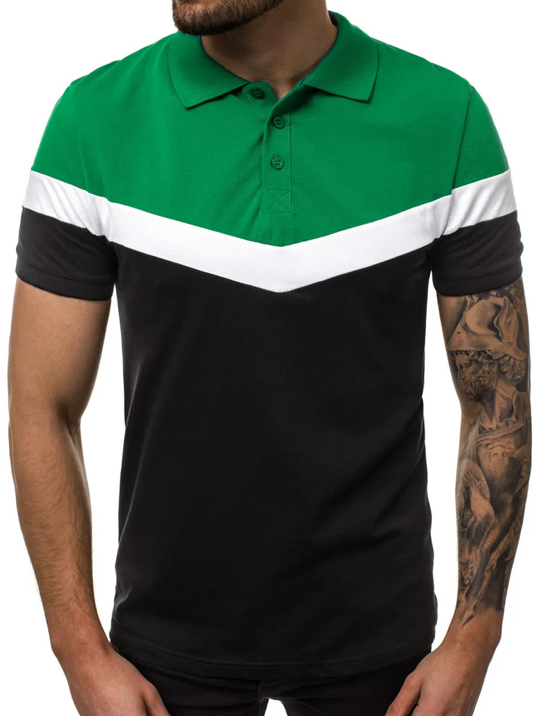 Men Fashion Casual Patchwork Colorblock Lapel Short Sleeve Slim Fit Polo Shirt