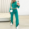 Women Fashion Casual Athleisure Solid Long-Sleeved T-Shirt Drawstring High Waist Slit Straight-Leg Pants Two-Piece Set