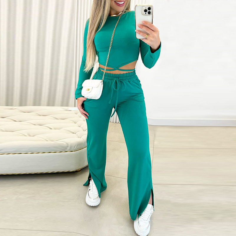 Women Fashion Casual Athleisure Solid Long-Sleeved T-Shirt Drawstring High Waist Slit Straight-Leg Pants Two-Piece Set