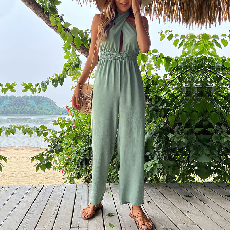 Women Vacation Halter Neck Hollow Backless Wide-Leg Jumpsuit