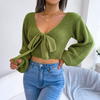 Women Fashion Bowknot V-Neck Lantern Sleeve Cropped Solid Knitted Sweater