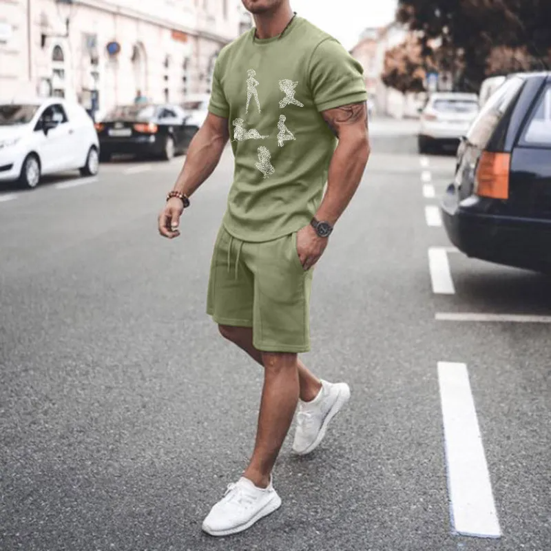 Men Casual Printed Round Neck Short-Sleeved T-Shirt And Shorts Two-Piece Set