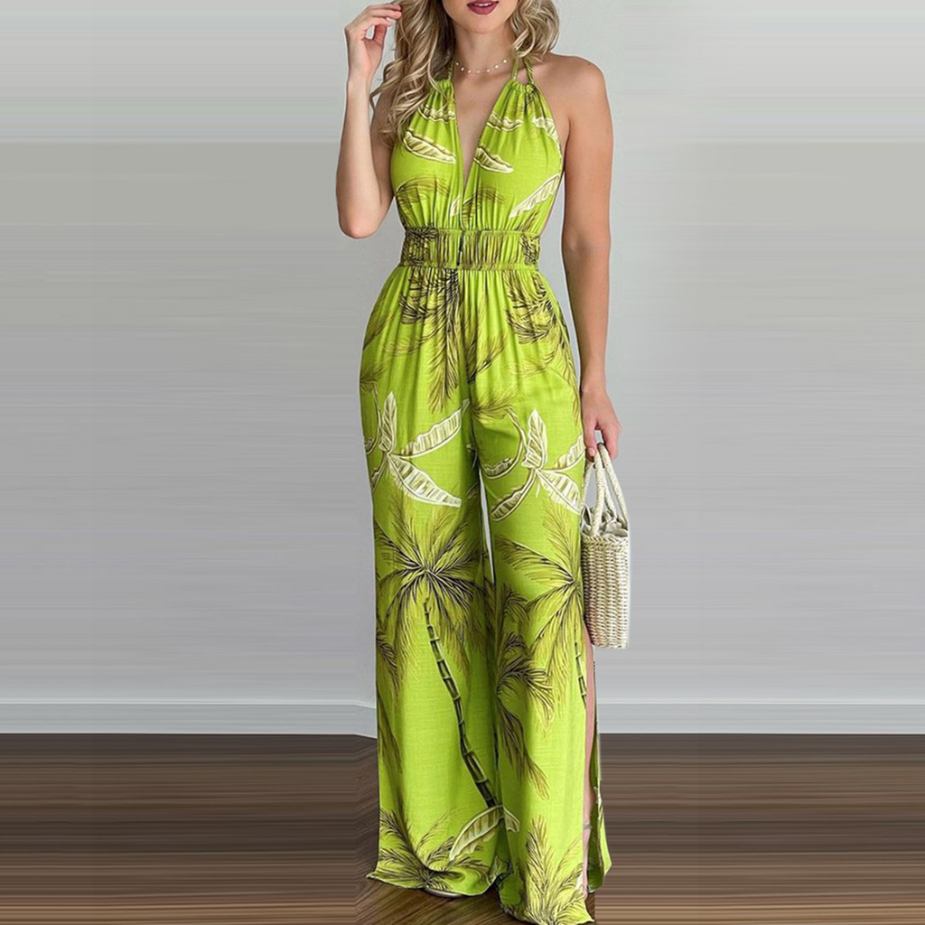 Women Vacation Bohemian Halter Neck Sleeveless All Over Print Loose Jumpsuits