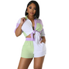 Women'S Fashion Casual Color Blocking Short Sleeve Shirt Pocket Shorts Two-Piece Set