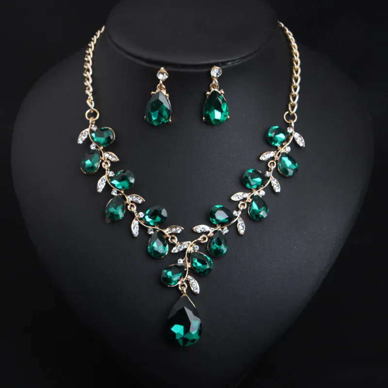 Women Fashion Exaggerated Crystal Gem Leaves Necklace Earrings Set