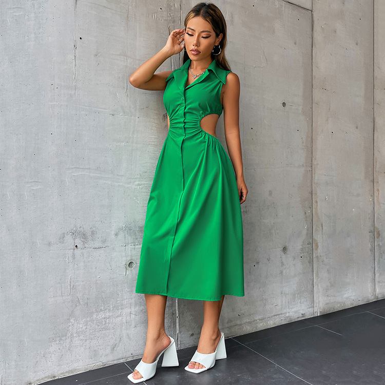 Women Fashion Solid Elegant Cut Out Sleeveless Lapel Midi Shirt Dress