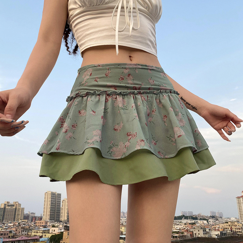 Women'S Fashion Casual Tiny Flower Printing Tiered Skirt