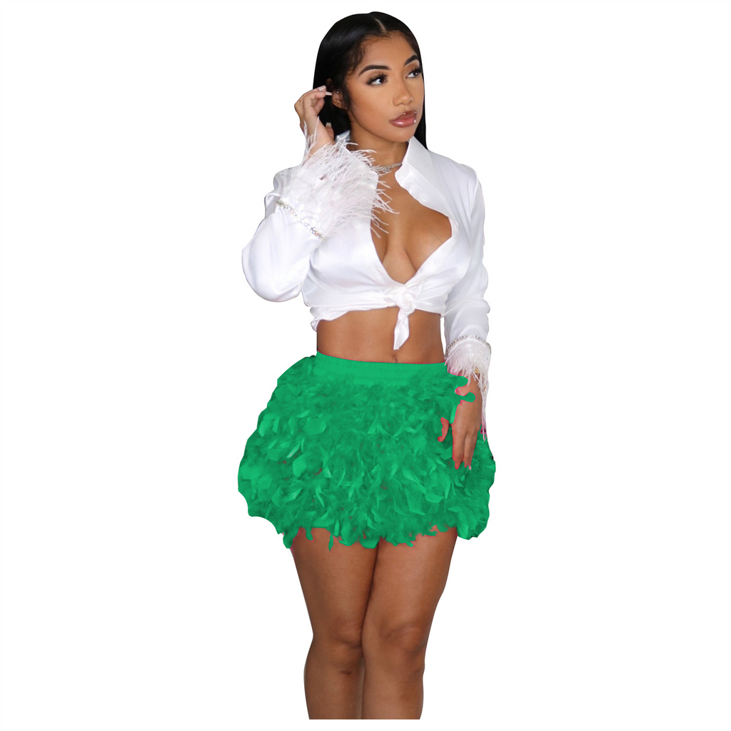 Women Fashion Solid Color Feather Decor Mini Nightclub Skirt