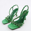 Women Fashion Plus Size Sexy Rhinestone Strap Square Toe Heeled Sandals