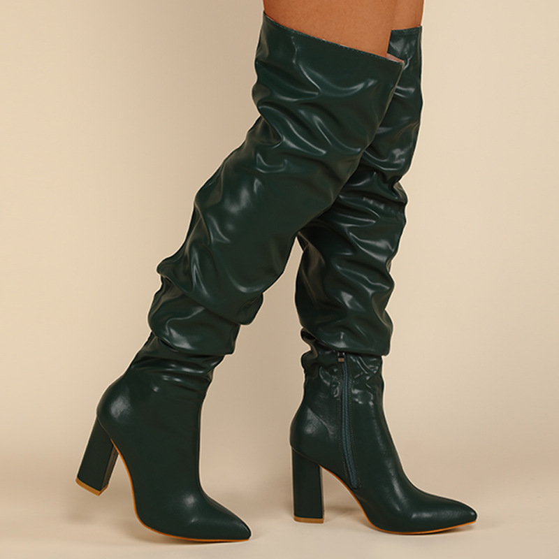 Women Fashion Irregular Creased Chunky Heel Side Zipper PU Over The Knee Boots