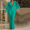 Women Solid V-Neck Mesh Panel Long Sleeve Neck Waist Casual Jumpsuit