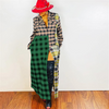 Women Fashion Color Blocking Plaid Printed Pachwork Maxi Dress