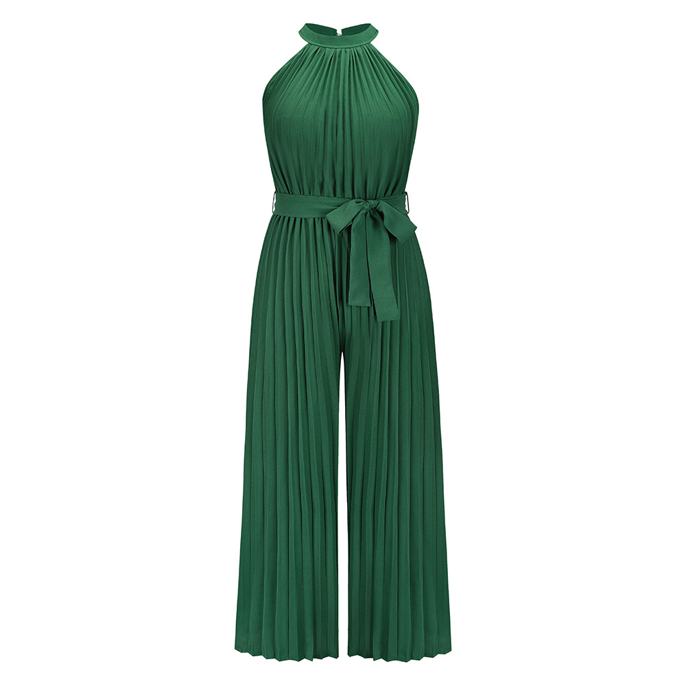 Women Solid Color Halter Neck Pleated Waist Fashion Wide Leg Jumpsuit